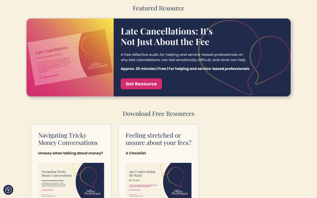 Screenshot from the Money Psychologist website showing the downloadable resources section