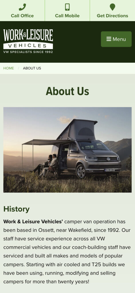 Mobile screenshot from the Work & Leisure Vehicles website showing the About Us page