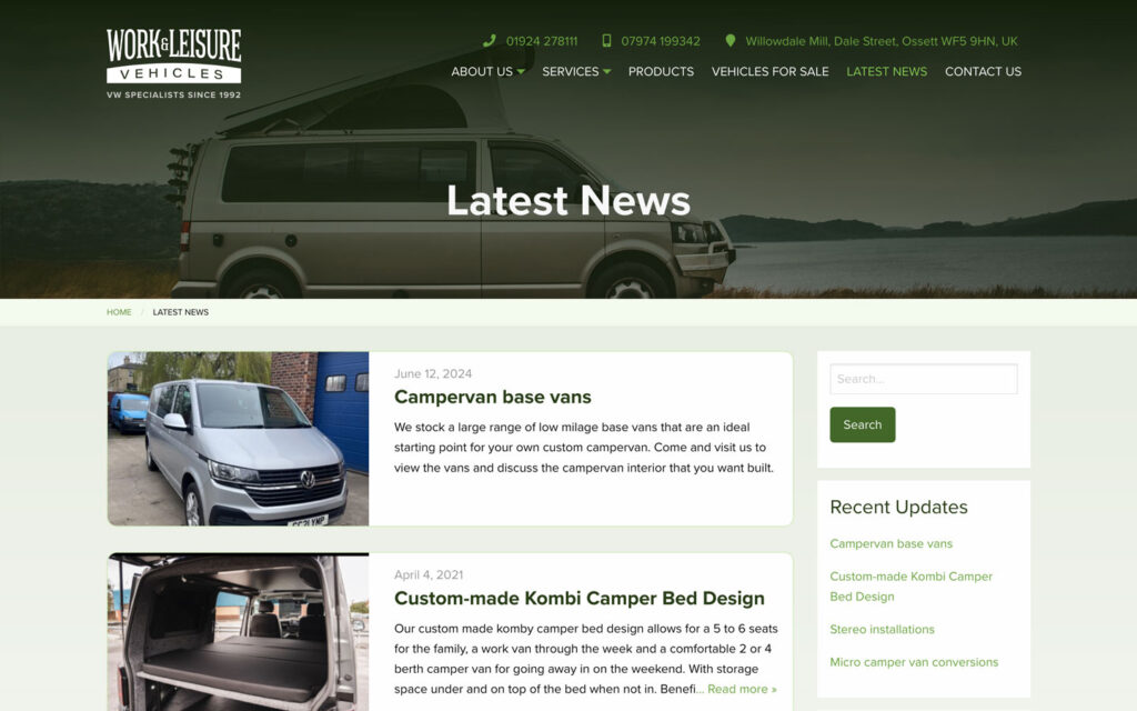 Screenshot from the Work & Leisure Vehicles website showing the Latest News page