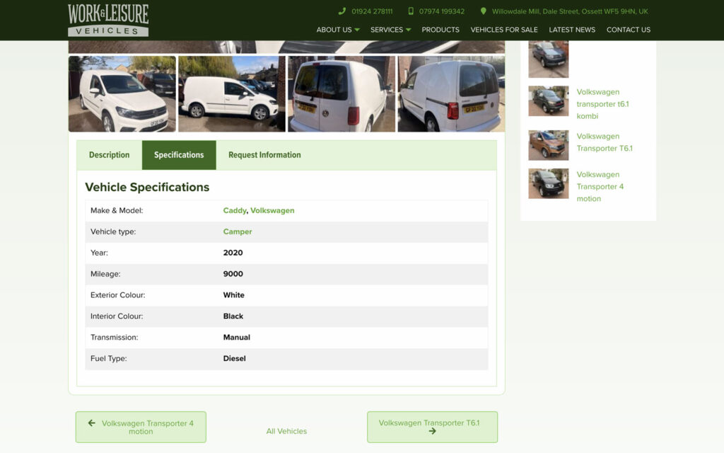 Screenshot from the Work & Leisure Vehicles website showing the Vehicle Sales page