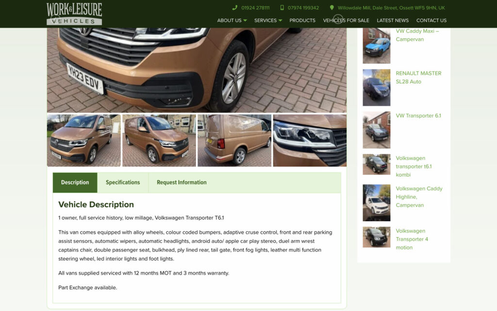 Screenshot from the Work & Leisure Vehicles website showing the Vehicle Sales page