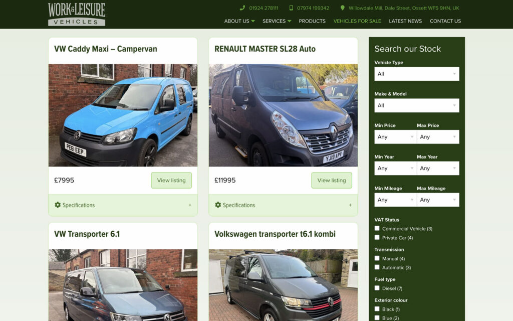 Screenshot from the Work & Leisure Vehicles website showing the Vehicle Sales page with search filter