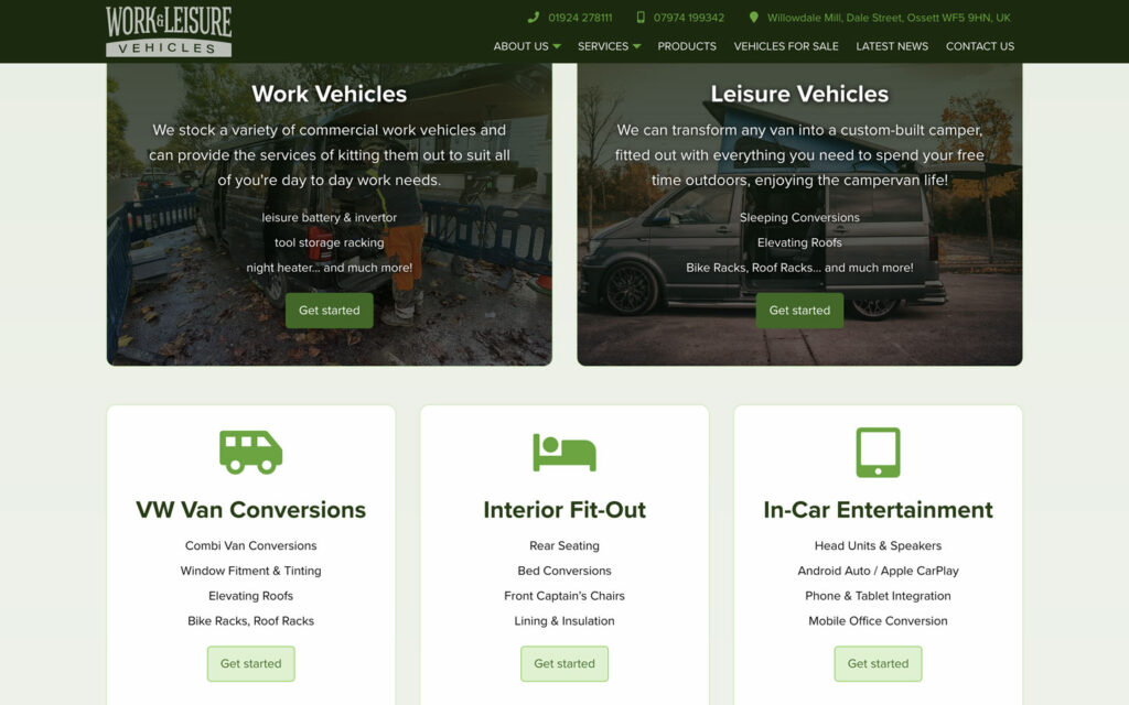 Screenshot from the Work & Leisure Vehicles website showing the Products and services page