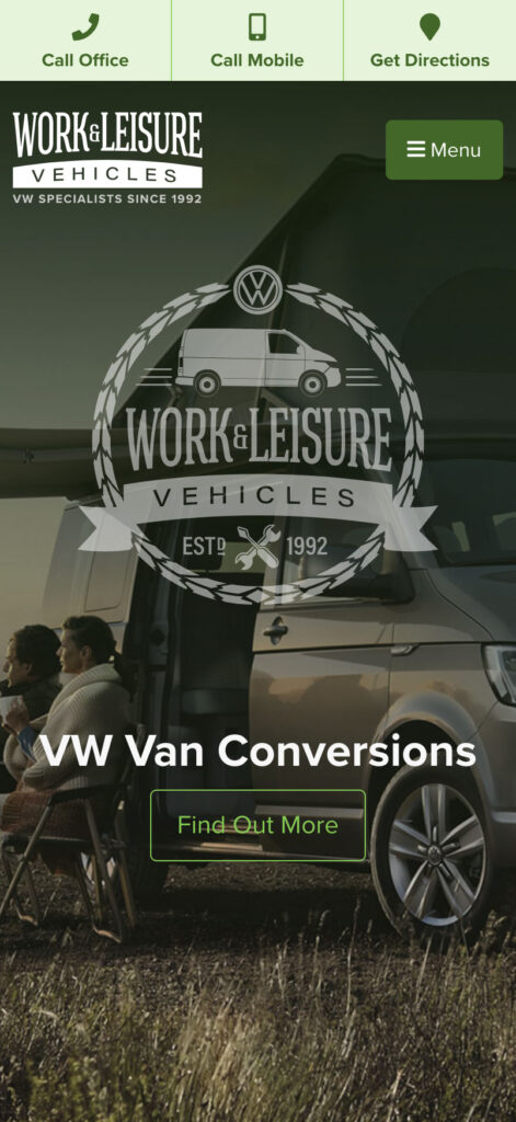 Mobile screenshot from the Work & Leisure Vehicles website showing the Home page