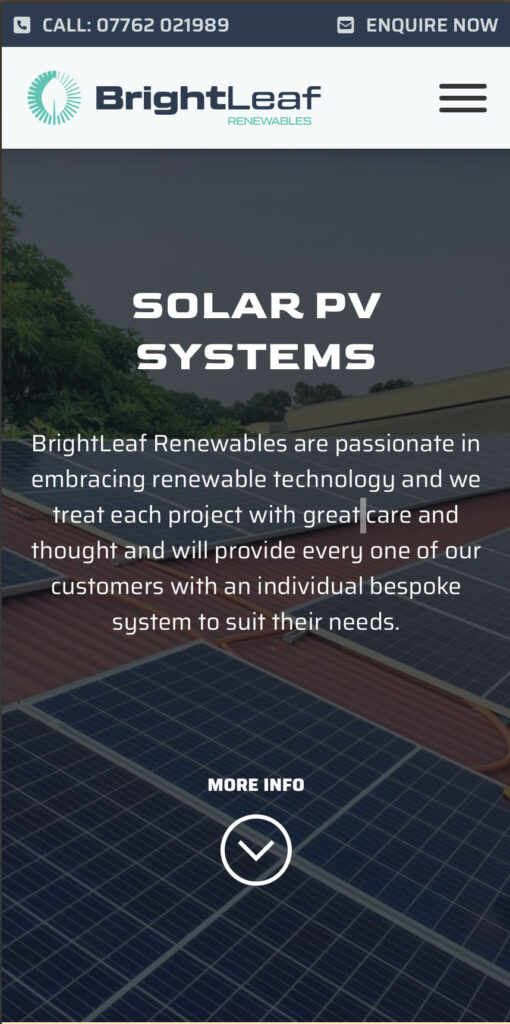 Mobile screenshot from the Brightleaf Renewables website showing the Home page