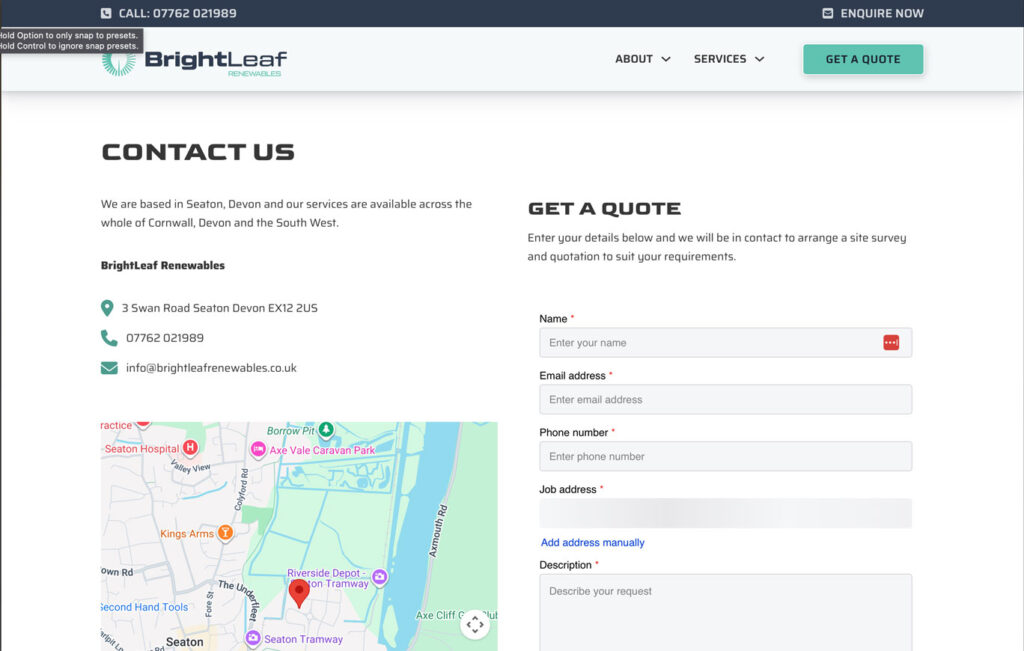 Screenshot from the Brightleaf Renewables website showing the Contact page and enquiry form