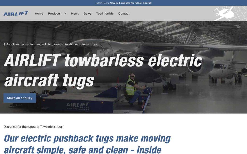 Screenshot from the Airlift Tugs website showing the home page