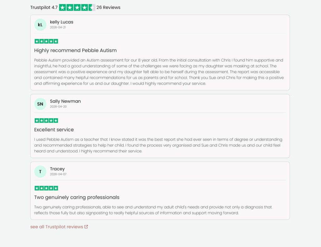 Screenshot from the Pebble Autism website showing the testimonials section